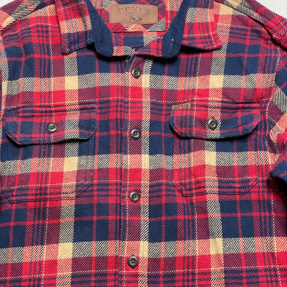 Orvis Mens Plaid Flannel Shirt Red Navy Tan Long Sleeve‎ Button Up M Outdoor - Picture 2 of 9
